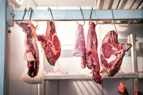 Trozos Carne Fresca Reúnen Colgando Ganchos Metálicos Habitación Del Refrigerador — Foto de Stock