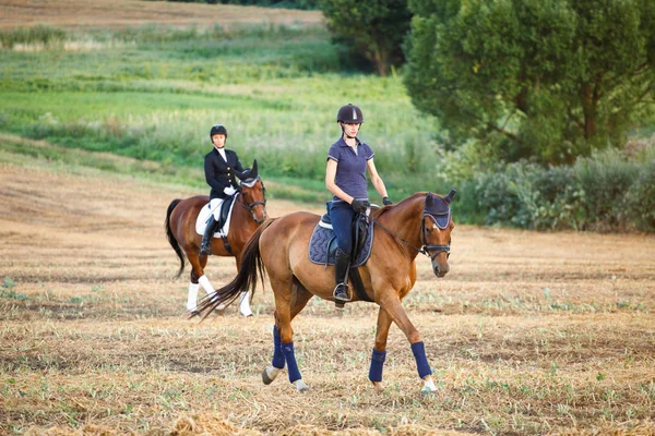 Due ragazze cavalcano cavalli sul campo . — Foto Stock