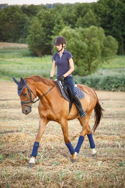 Kvinna som rider på brun häst bär hjälm — Stockfoto