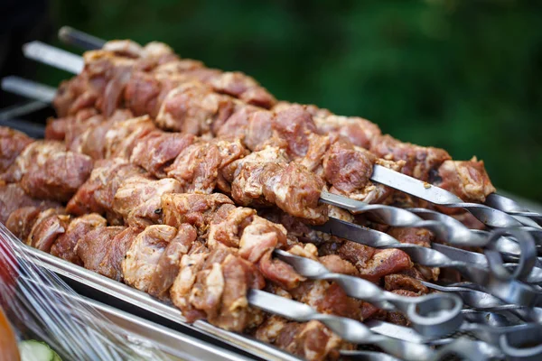 Carne de filete en brochetas de kebab de metal —  Fotos de Stock