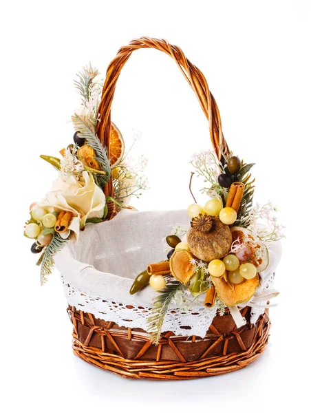 Basket decorated with fruit and flowers on white background — Stock Photo, Image