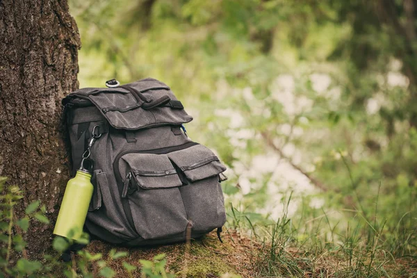 Trekking heavy backpack in forest — Stock Photo, Image