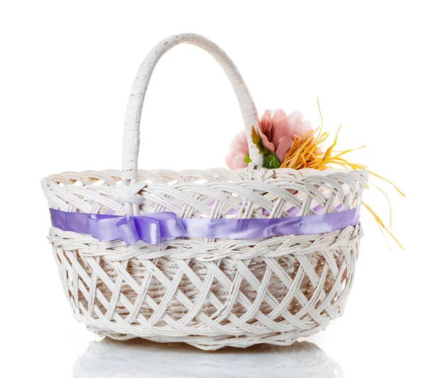 Basket decorated with flowers isolated on white — Stock Photo, Image