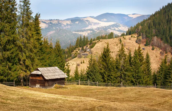 wooden house in mountain background