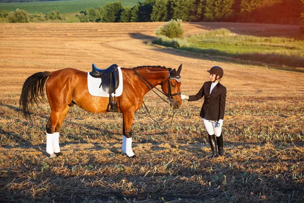 Hermosa mujer elegancia con un caballo . — Foto de Stock