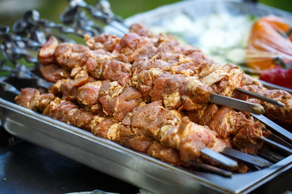 Carne fresca en pinchos listos para cocinar a la parrilla . —  Fotos de Stock