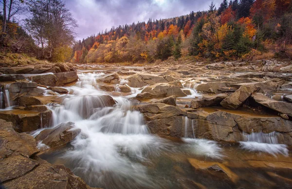 Inquieto río de montaña peligroso con piedras. El río en el bosque de otoño —  Fotos de Stock