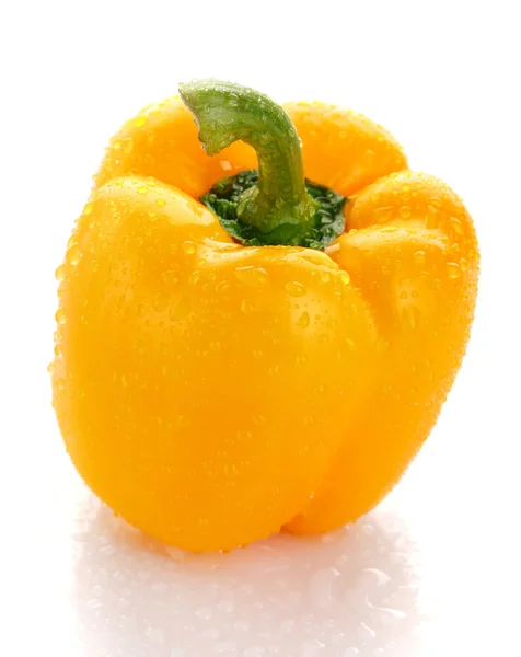 Pieprz, żywności i warzyw koncepcja - żółta słodka papryka z kroplami rosy — Zdjęcie stockowe
