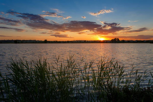 Yaz manzara. Günbatımı su üzerinde.