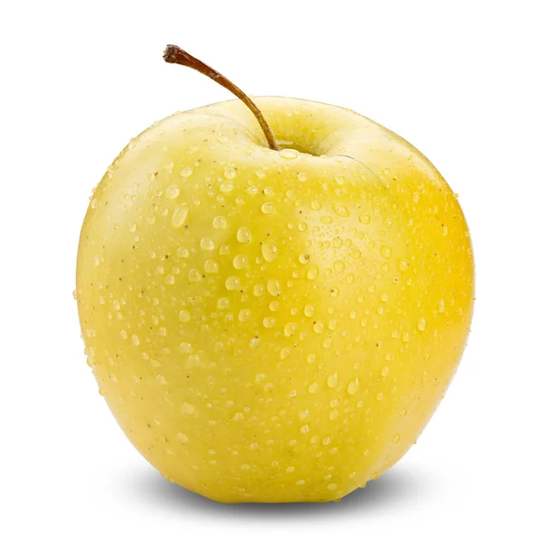 Yellow apple isolated on white background with water drop in full depth of focus with clipping path. — Stock Photo, Image