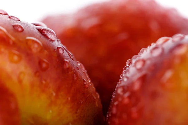 Färska persikor omfattas av droppar på vit bakgrund. Makro foto. — Stockfoto