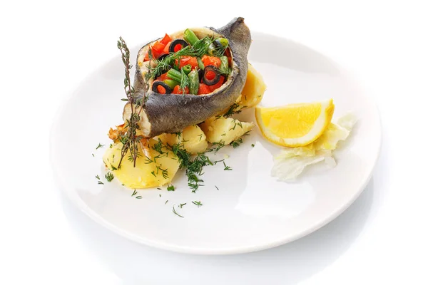 Delicious lunch. Stuffed fish with vegetables — Stock Photo, Image