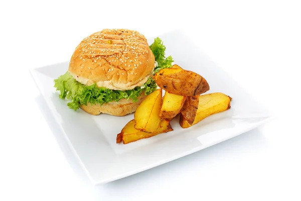 Hamburger and potatoes on a plate. Isolated — Stock Photo, Image