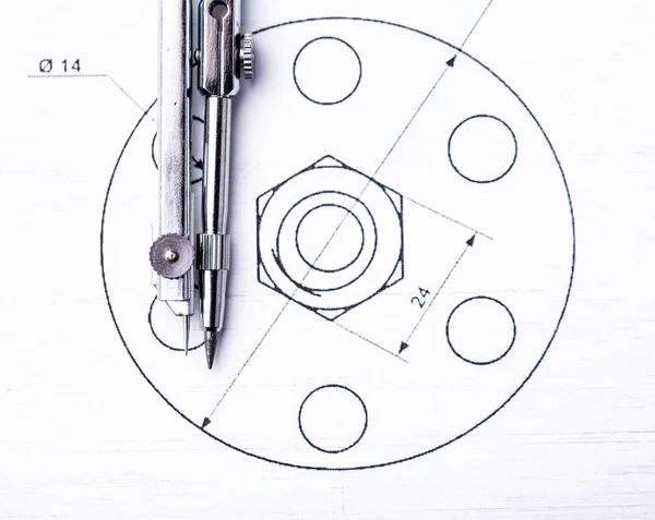 Technical drawings. Project by pencil on paper. Drawing detail and drawing tools