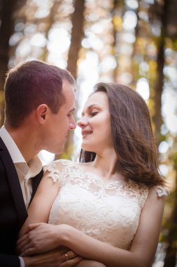 Sonbahar ormandaki bir yolda aşık Çift