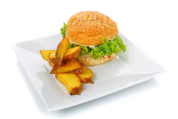Hamburger and potatoes on a plate. Isolated — Stock Photo, Image