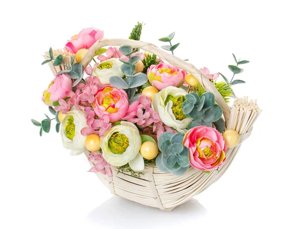 Bouquet, composition of flowers in a wicker basket — Stock Photo, Image