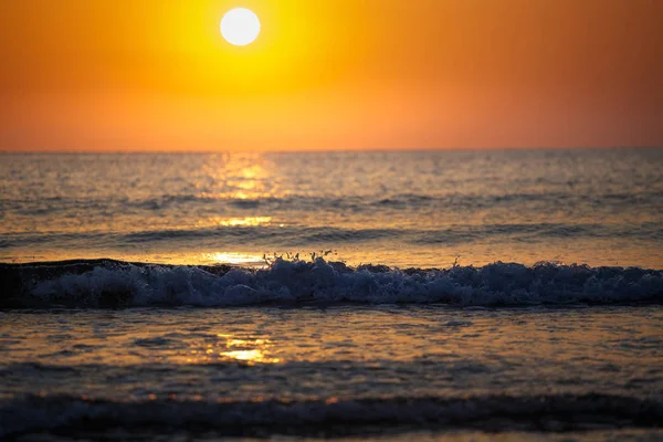 Sitzt die Sonne hinter dem Horizont. Sommerlandschaft. warmer Abend an der Küste. — Stockfoto