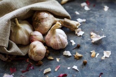 Çuval bezi içinde sarımsak. Soyulmuş sarımsak, koyu arkaplanda sarımsak soğanı. Sağlıklı beslenme konsepti. Bulanık arkaplan.