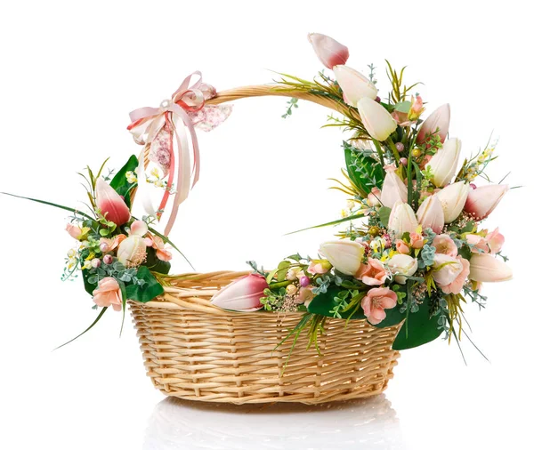 Wicker Basket Easter Flower Arrangements Handle Basket Decor Light Tulips — Stock Photo, Image