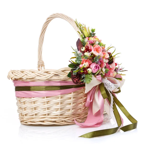 Wicker Basket Decorated Flowers White Background Isolated — Stock Photo, Image