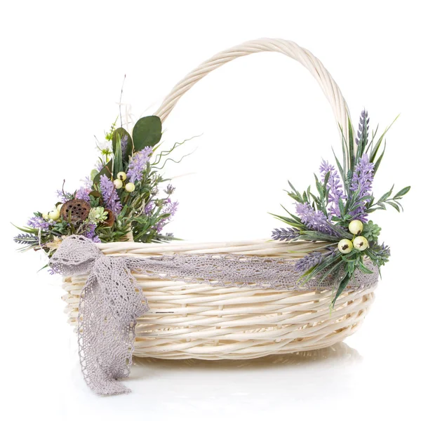 White Wicker Basket Floral Decor Ribbons White Background Basket Made — Stock Photo, Image