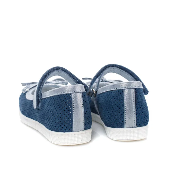 Zapatos Azules Para Niños Para Niñas Con Inserciones Plateadas Lazo —  Fotos de Stock