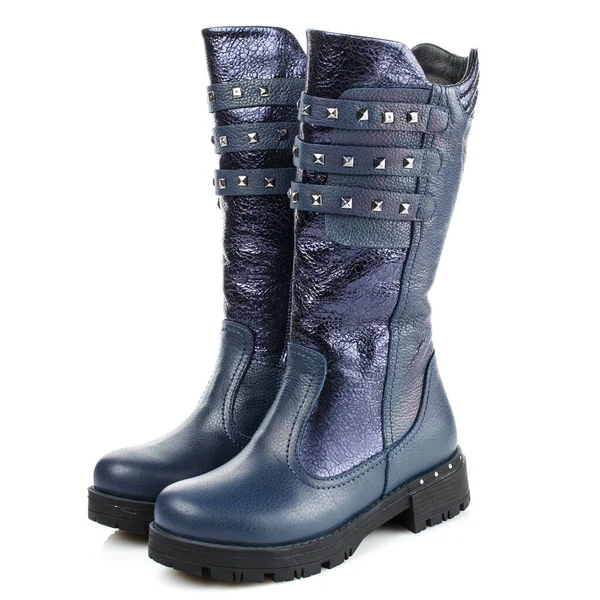 Blaue Lederstiefel Für Mädchen Auf Weißem Hintergrund Foto Für Schuh — Stockfoto