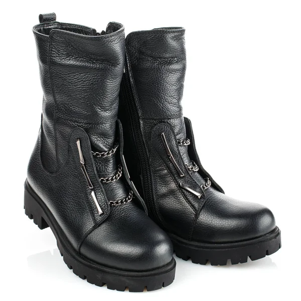 Bottes Cuir Noir Pour Filles Sur Fond Blanc Photo Pour — Photo