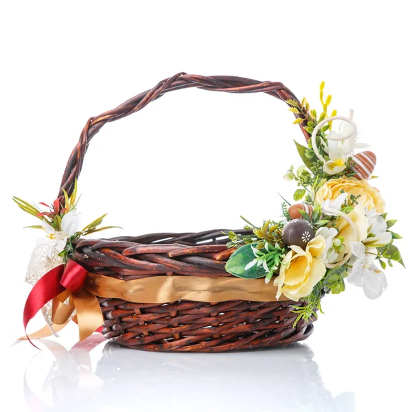 Dark Wicker Basket Decorated Yellow Flowers Colored Decorative Easter Eggs — Stock Photo, Image