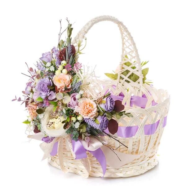 Stylish White Wicker Easter Very Beautiful Pastel Decor Decorated Many — Stock Photo, Image