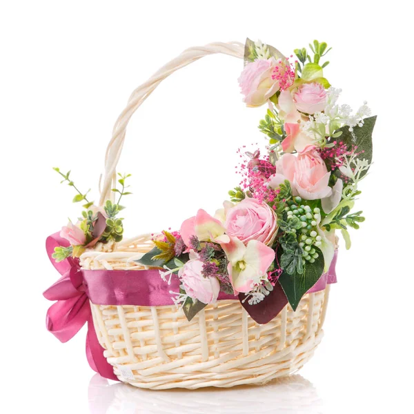 Basket Delicate Pastel Decor Pink Flowers Ribbon Bow Isolated White — Stock Photo, Image