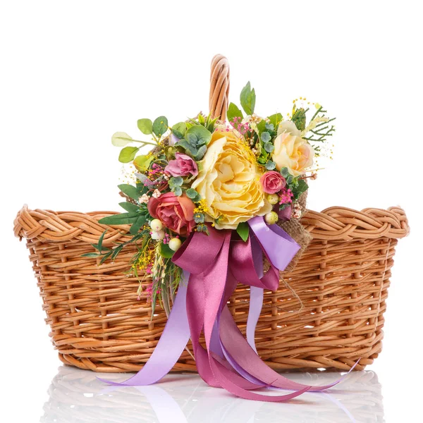 Decorative Wicker Basket Original Floral Decor Long Colored Ribbons Isolated — Stock Photo, Image