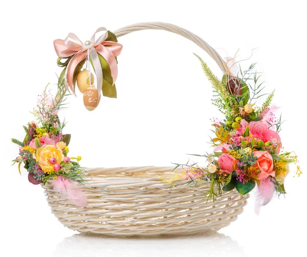 Easter basket and with delicate decor on a white background — Stock Photo, Image