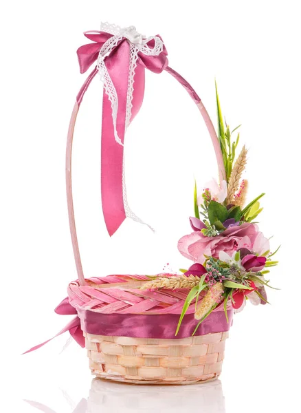 Wicker Basket Decorated Flowers Isolated White — Stock Photo, Image