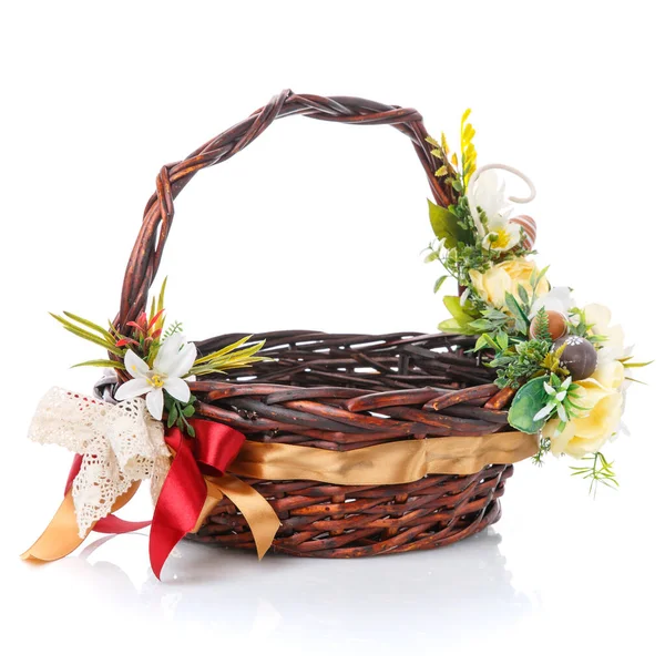 Wicker Easter Basket Decorated Yellow Flowers Decorative Colored Eggs White — Stock Photo, Image