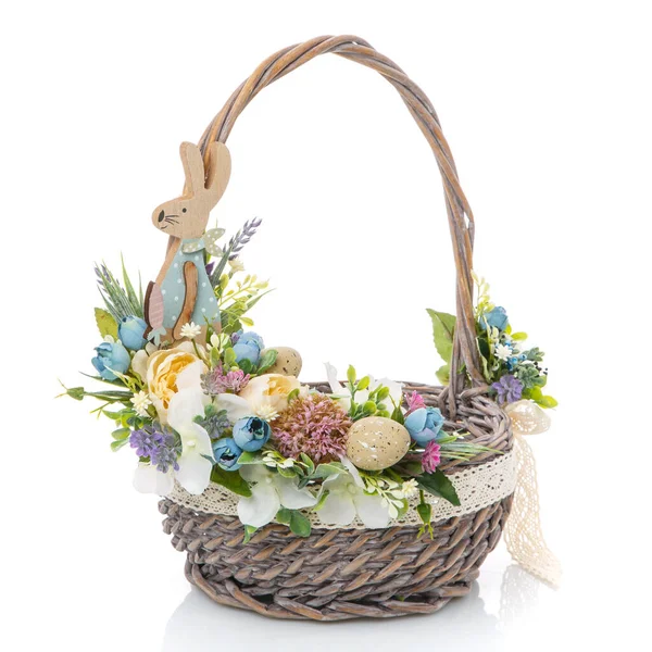 Decorative Gray Wicker Basket Original Floral Decor Wide Ribbon Isolated — Stock Photo, Image
