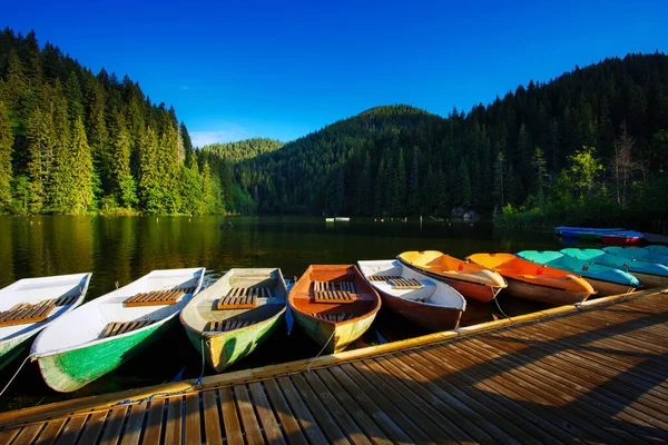 Sommerlandschaft Und Holzboote See Wald Bunte Kleine Boote Holzsteg Geparkt — Stockfoto