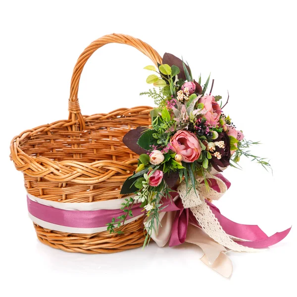 Natural Wicker Basket Flowers Ribbons Beautiful Bow Side Isolated White — Stock Photo, Image