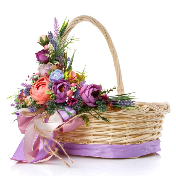 Natural Wicker Basket Flowers Ribbons Beautiful Bow Side Isolated White — Stock Photo, Image