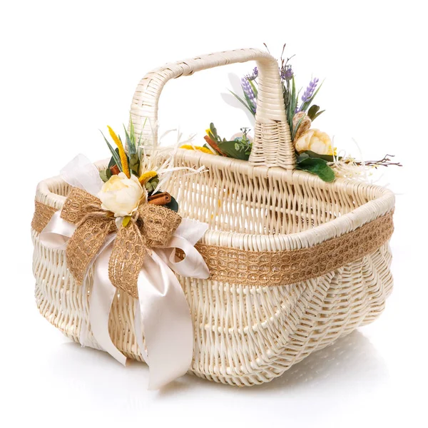 Wicker Basket Original Floral Decor Natural Components Wooden Hare Isolated — Stock Photo, Image