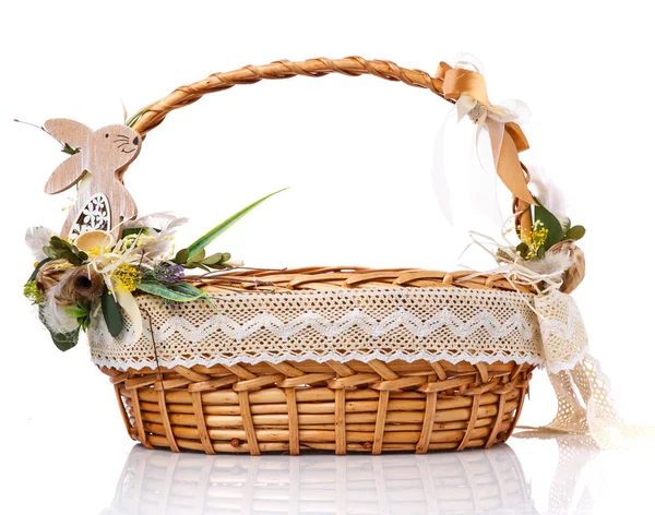 Wicker Basket Original Floral Decor Natural Components Wooden Hare Isolated — Stock Photo, Image