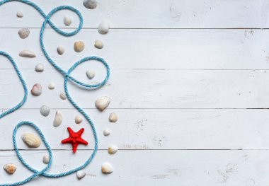 Turkuazdaki deniz ürünleri ahşap zemin boyadı. Tahta üzerinde deniz cisimleri. Metin için yer