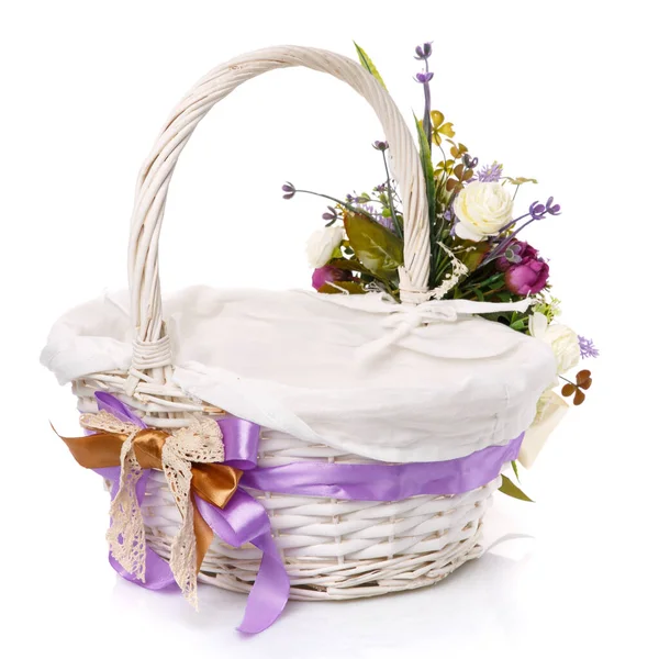 Wicker Basket Easter Celebration Color Ribbon Bow Lace Flower Arrangement — Stock Photo, Image