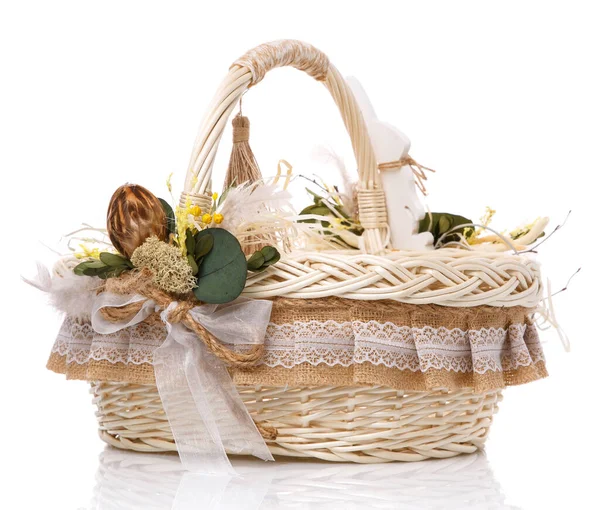 Wicker Basket Original Floral Decor Natural Components Wooden Hare Isolated — Stock Photo, Image