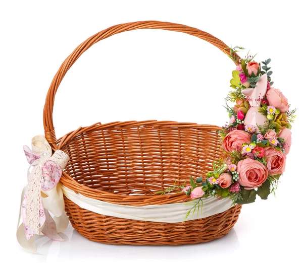 Beautiful Decorative Basket Flowers Easter Celebration Isolated White Background — Stock Photo, Image