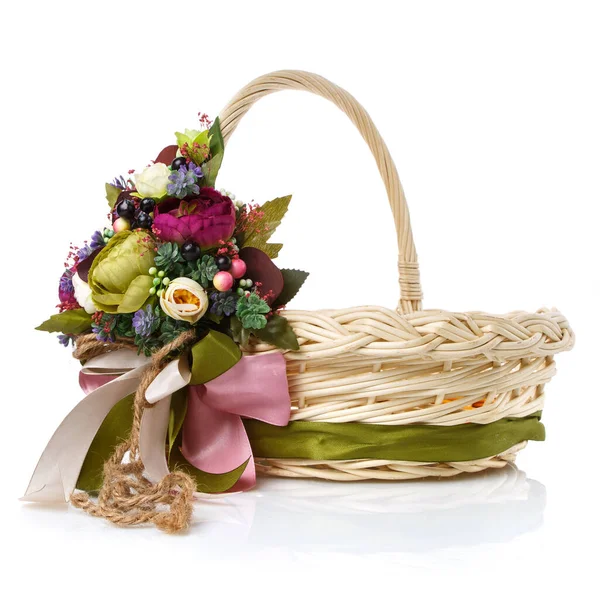 Basket Decorated Handmade Festive Basket Decorated Flowers White Background Original — Stock Photo, Image