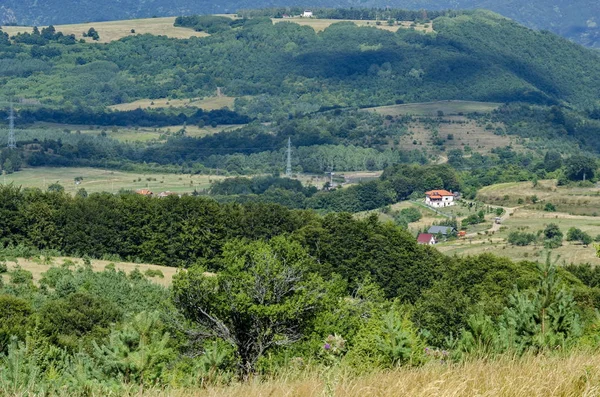 Panorama z paseky, zelené horské lesa a divočiny pole v pohoří Vitoša — Stock fotografie