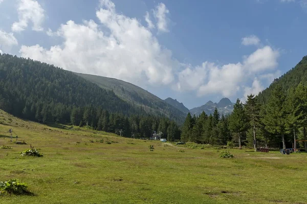 Majestueux sommet de montagne envahi par la forêt de conifères, vallée et clairière, Maliovitza, montagne Rila — Photo