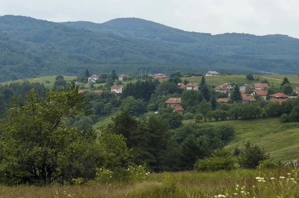 Dağ glade, orman ve Bulgar köyü Plana, Plana dağ yerleşim bölgesi ile bir manzara — Stok fotoğraf